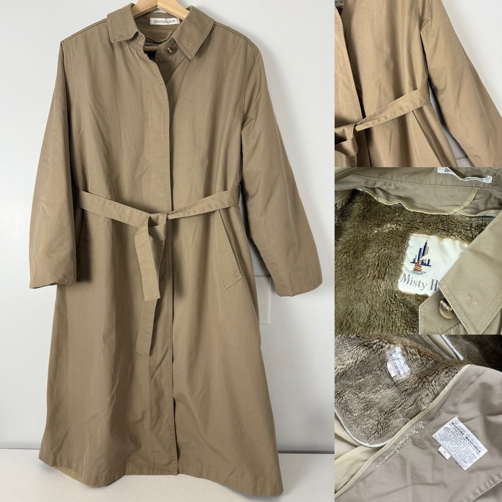 Misty Harbor Tan Beth Trench Long Coat Removable Faux Fur Lining Belt Sz 12 Peti